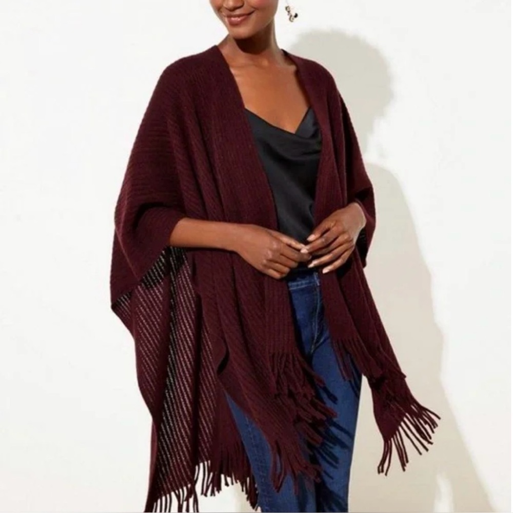 LOFT Plum Knit Fringe Wrap One Size